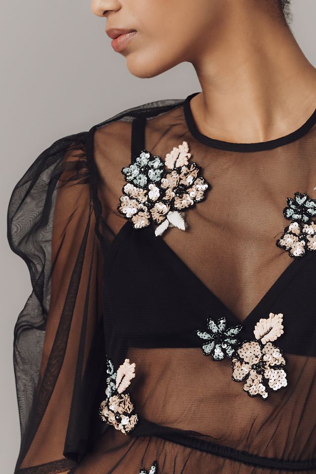 By Anthropologie Embellished Sheer Mesh Top #1