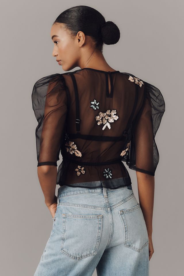 By Anthropologie Embellished Sheer Mesh Top #2