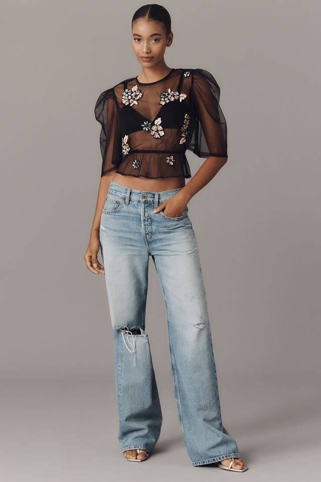 By Anthropologie Embellished Sheer Mesh Top #3