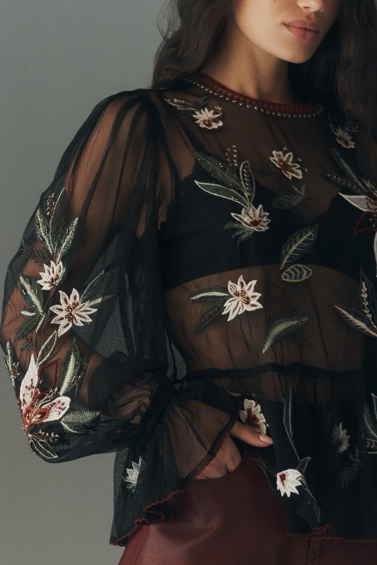 By Anthropologie Long-Sleeve Mesh Babydoll Top