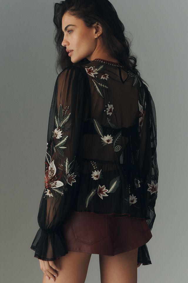 By Anthropologie Long-Sleeve Mesh Babydoll Top #2