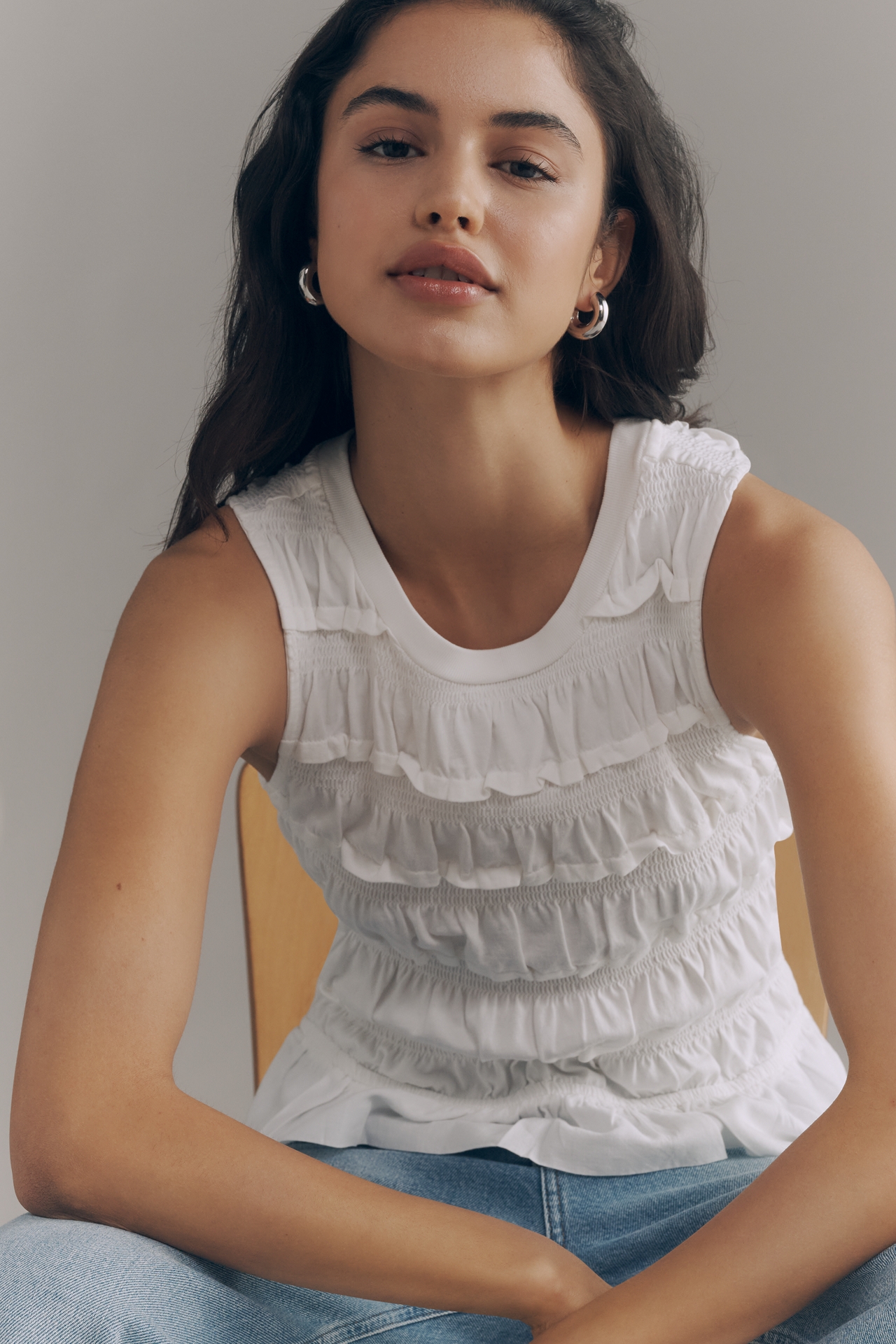 Maeve Cotton Shirred Ruffle Tank