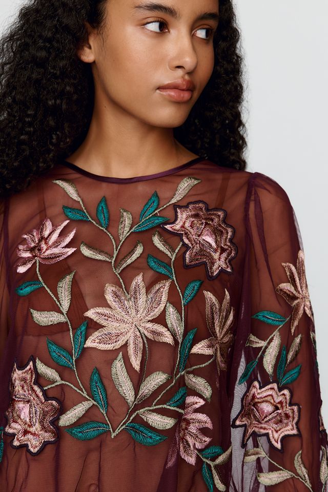 By Anthropologie Mesh Embroidered Top #1