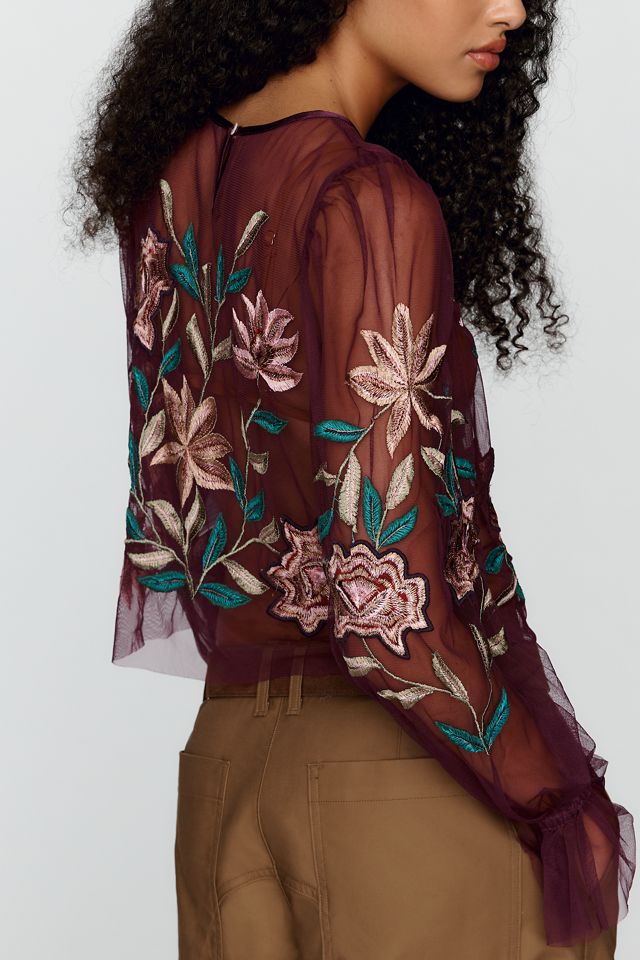 By Anthropologie Mesh Embroidered Top #3