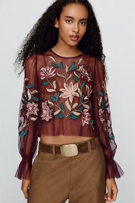 By Anthropologie Mesh Embroidered Top