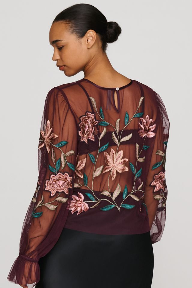 By Anthropologie Mesh Embroidered Top #1