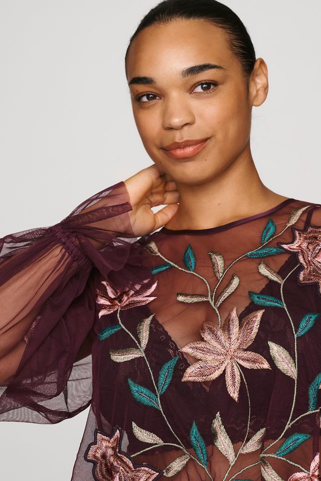 By Anthropologie Mesh Embroidered Top #3