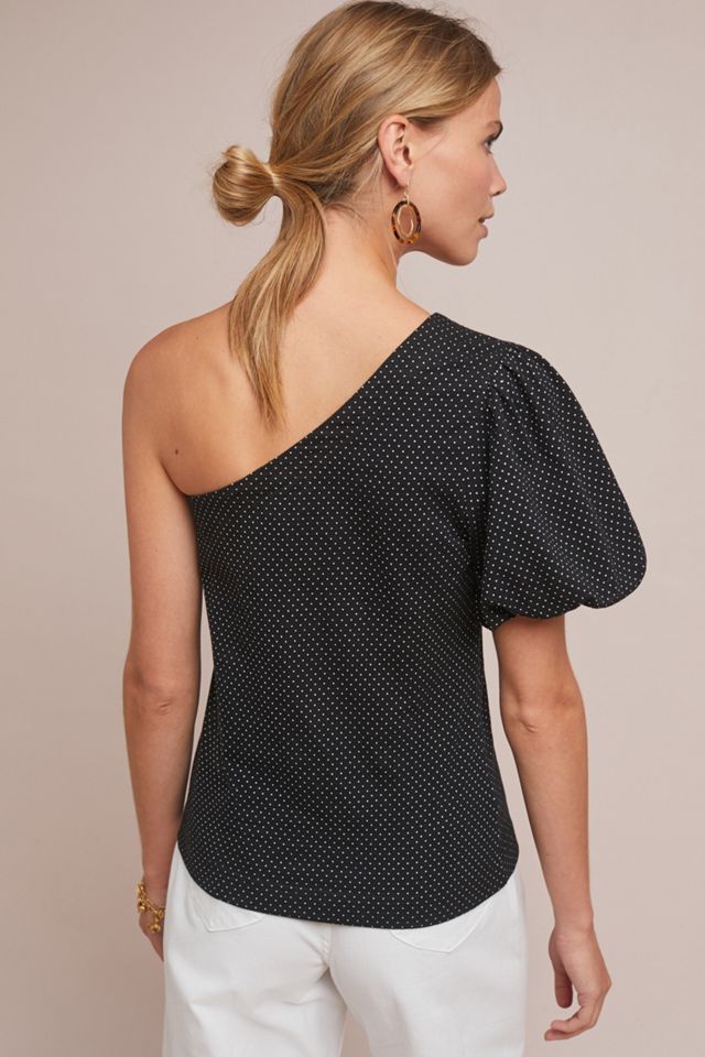 JOA Celebrate Blue Chambray Polka Dot One Shoulder Top - BestFashionHQ.com