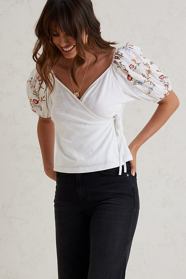 Embroidered Sleeve Wrap Top