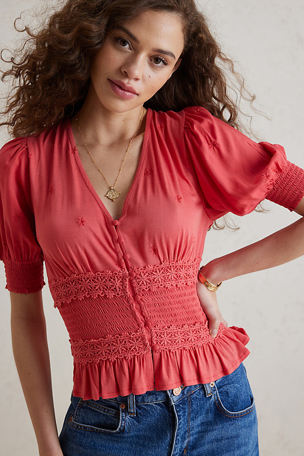 Embroidered Button-Front Top