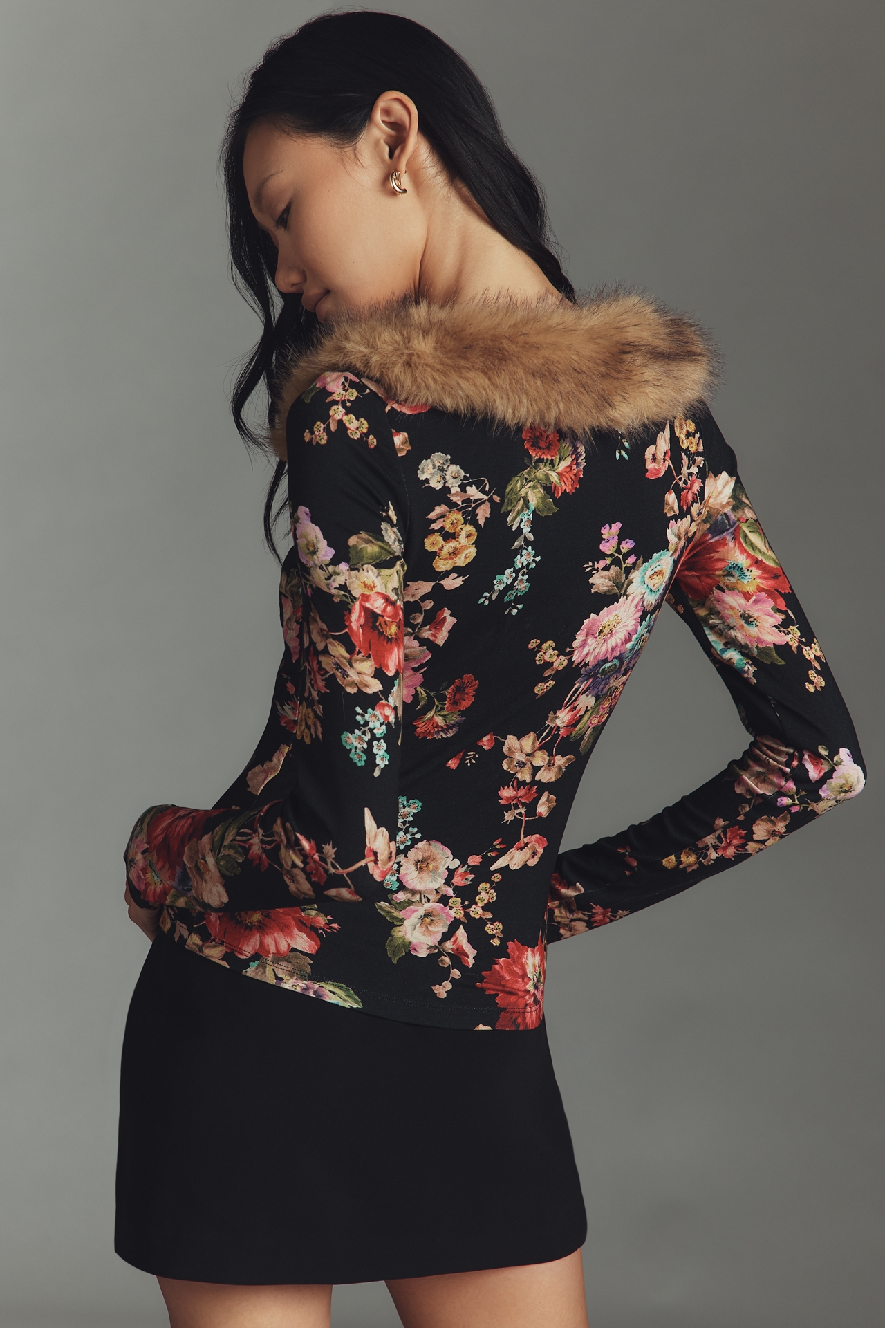 Maeve Faux Fur Shoulder Long-Sleeve Top