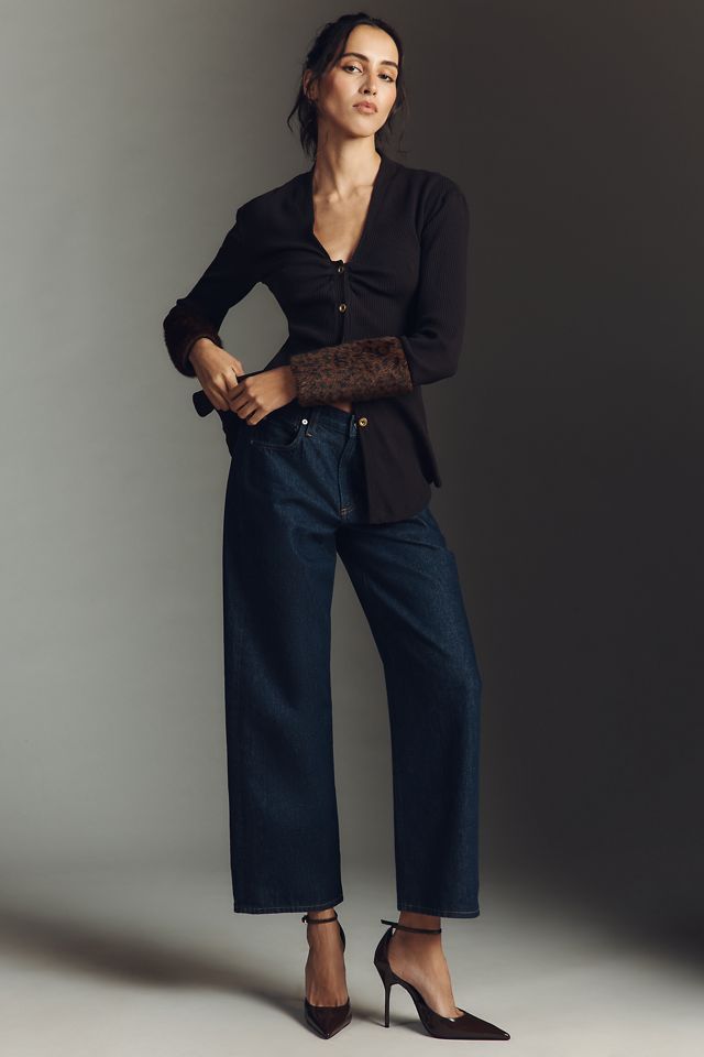 Maeve Faux Fur Cuff Button-Front Knit Top #1