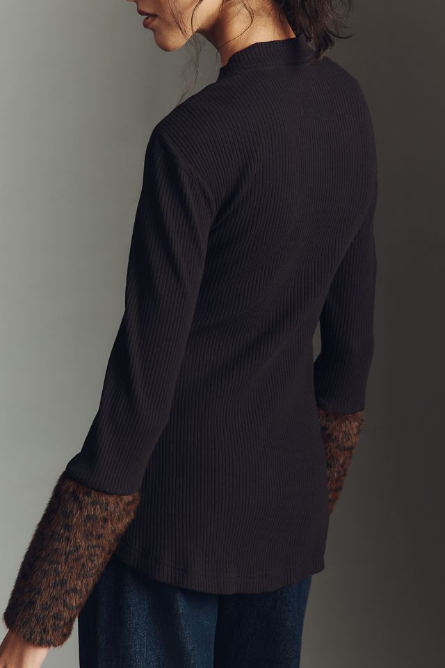 Maeve Faux Fur Cuff Button-Front Knit Top #2