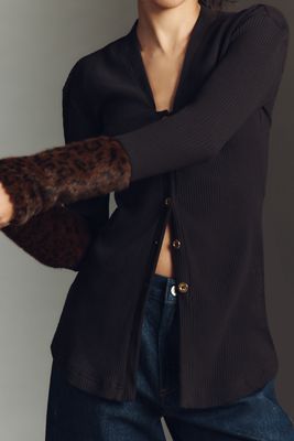 Maeve Faux Fur Cuff Button-Front Knit Top
