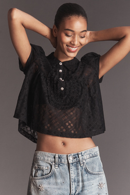 Maeve Puff-sleeve Cropped Swing Top In Black