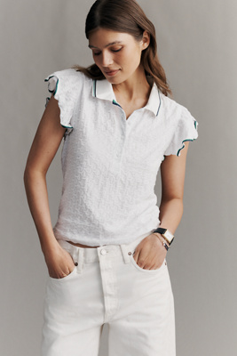 Maeve Flutter-Sleeve Polo Top