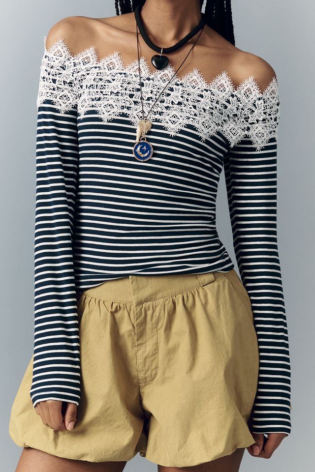 Maeve Off-Shoulder Long-Sleeve Lace T-Shirt #2