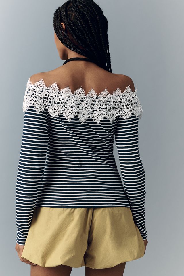 Maeve Off-Shoulder Long-Sleeve Lace T-Shirt #3