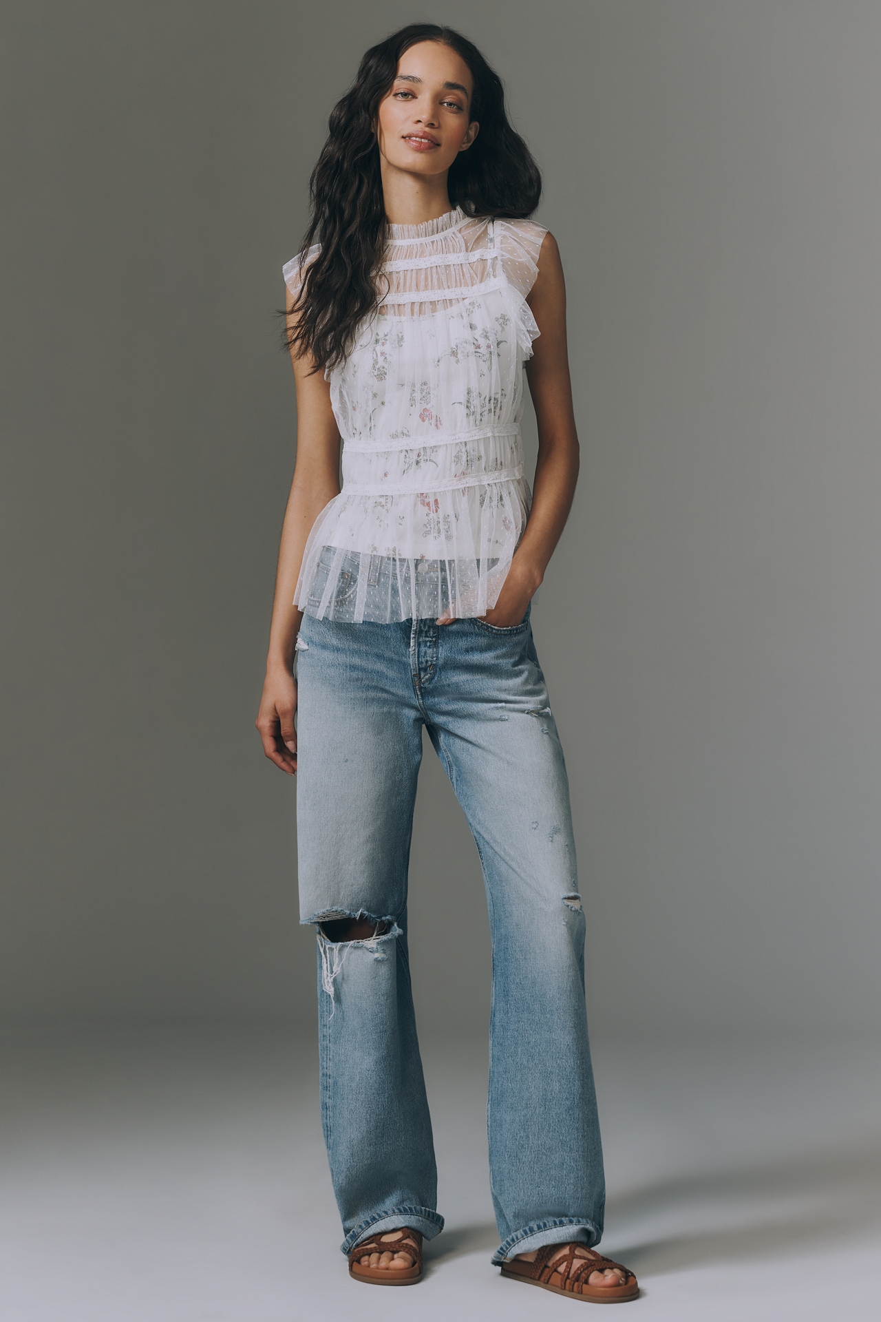 By Anthropologie Mesh Layered Printed Top