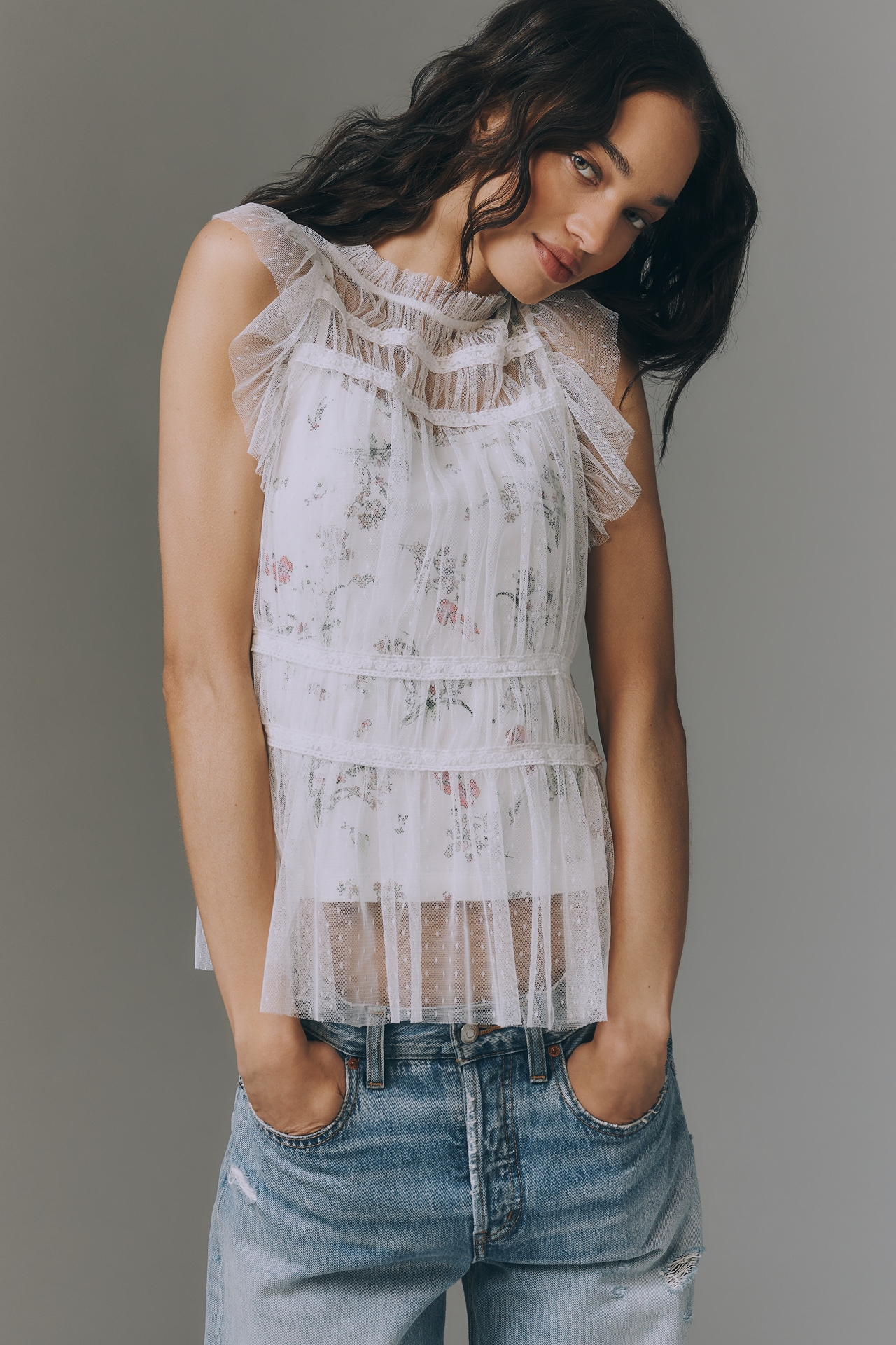 By Anthropologie Mesh Layered Printed Top