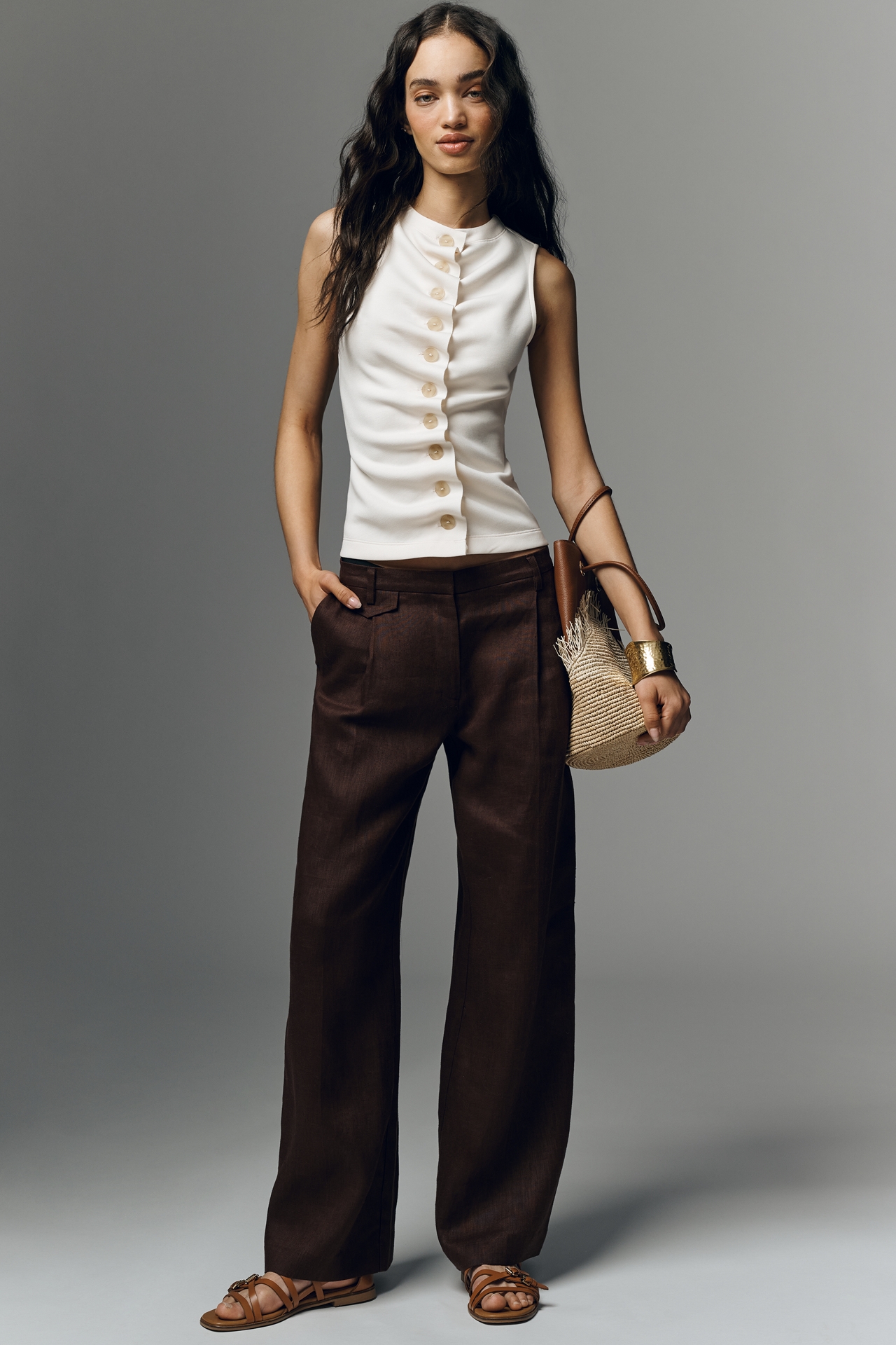 By Anthropologie Ruched Sleeveless Buttondown Top