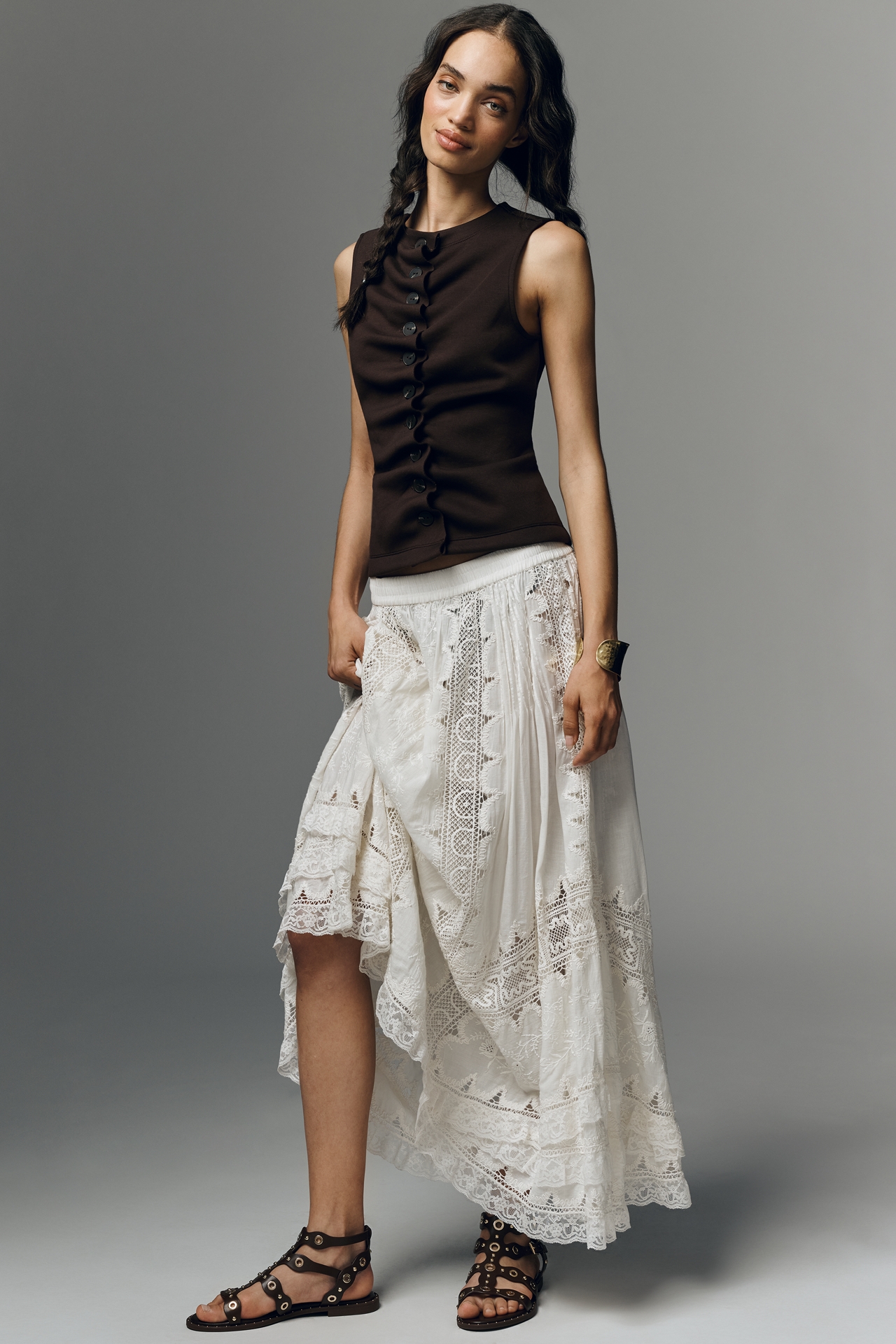 By Anthropologie Ruched Sleeveless Buttondown Top