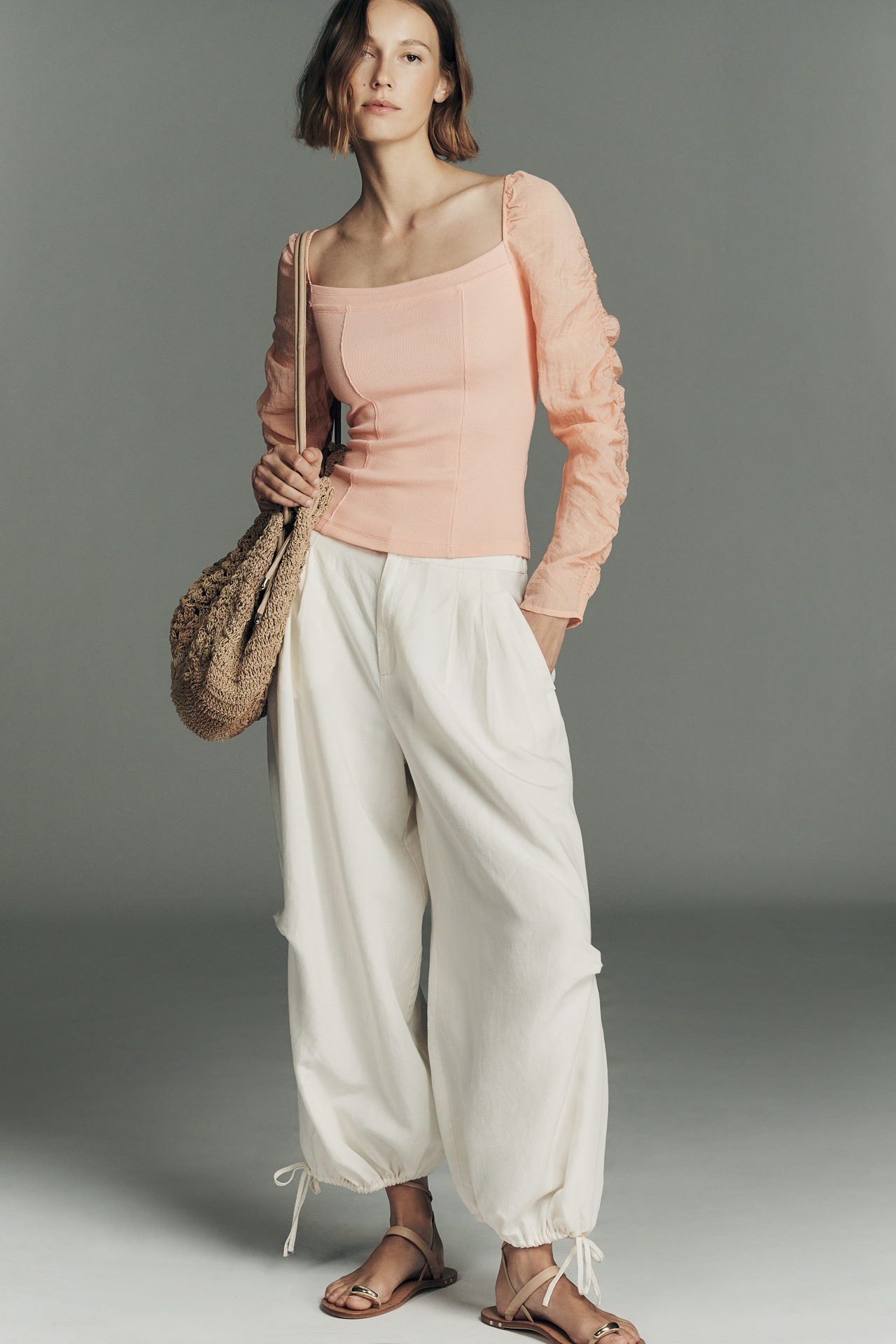 By Anthropologie Ruched-Sleeve Square-Neck Top