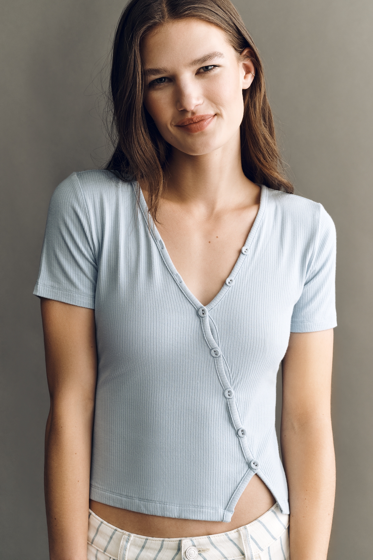 By Anthropologie Asymmetric Short-Sleeve Buttondown Top