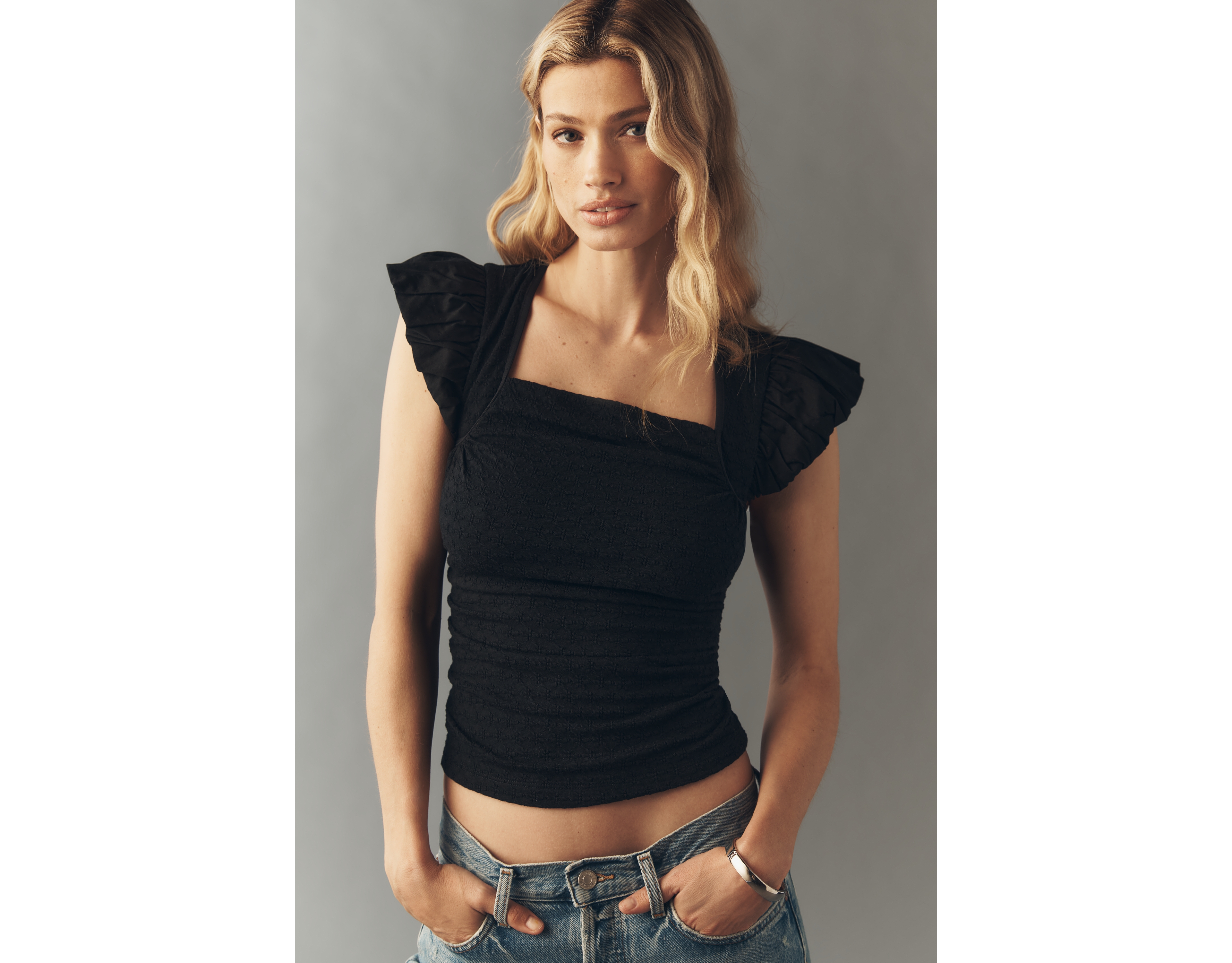 Maeve Flutter-Sleeve Square-Neck Top