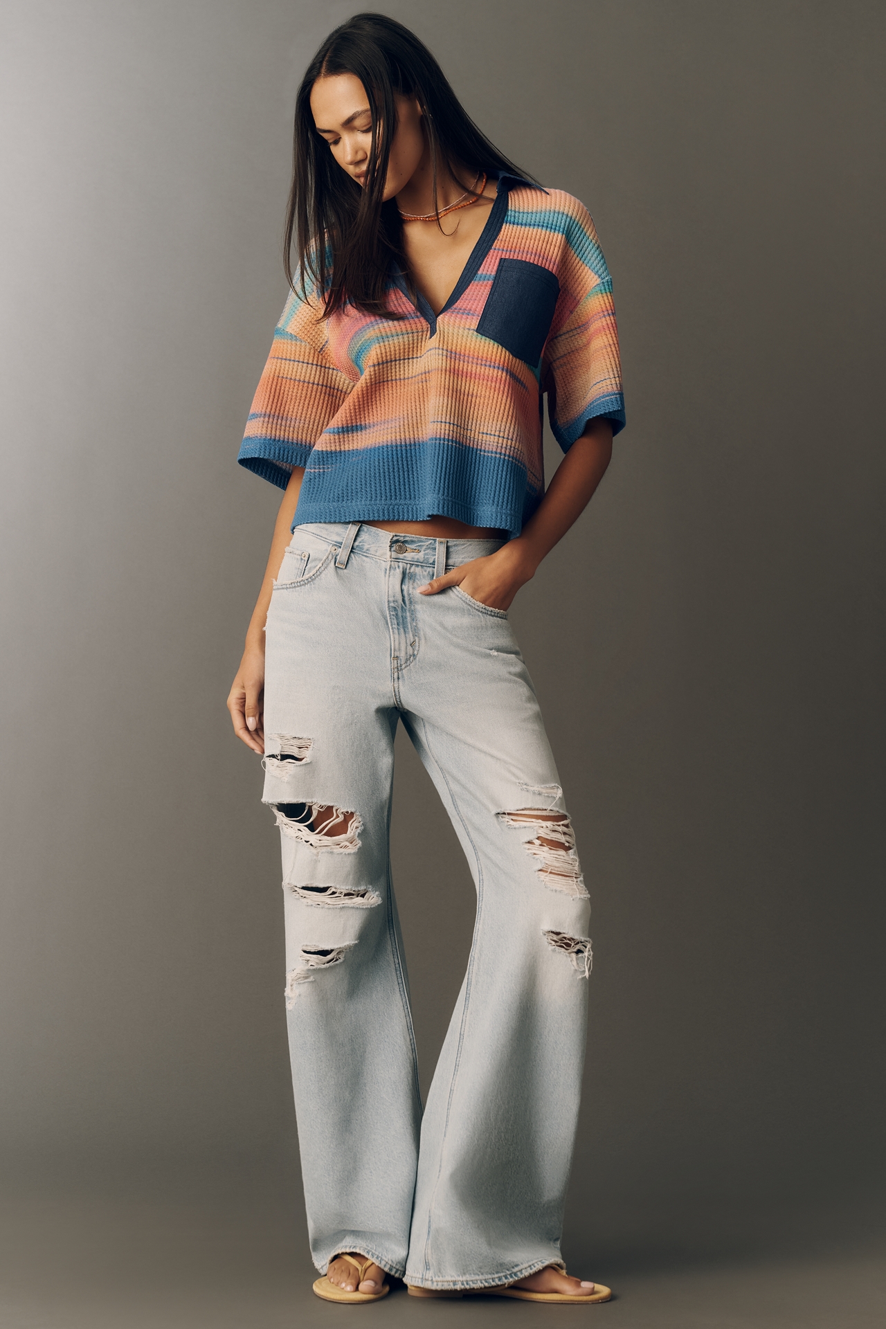 Pilcro Cotton Waffle Knit V-Neck Top