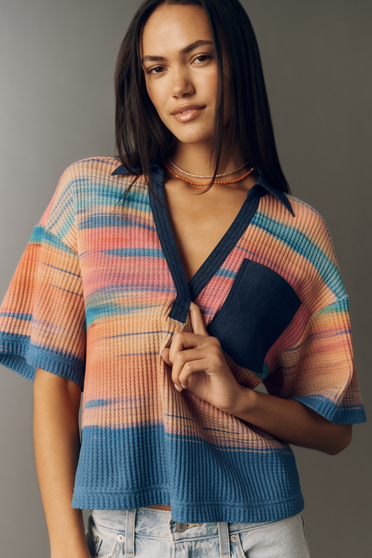 Pilcro Cotton Waffle Knit V-Neck Top