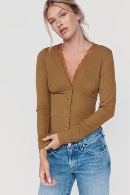 By Anthropologie Plunge Lace-Trim Cardigan