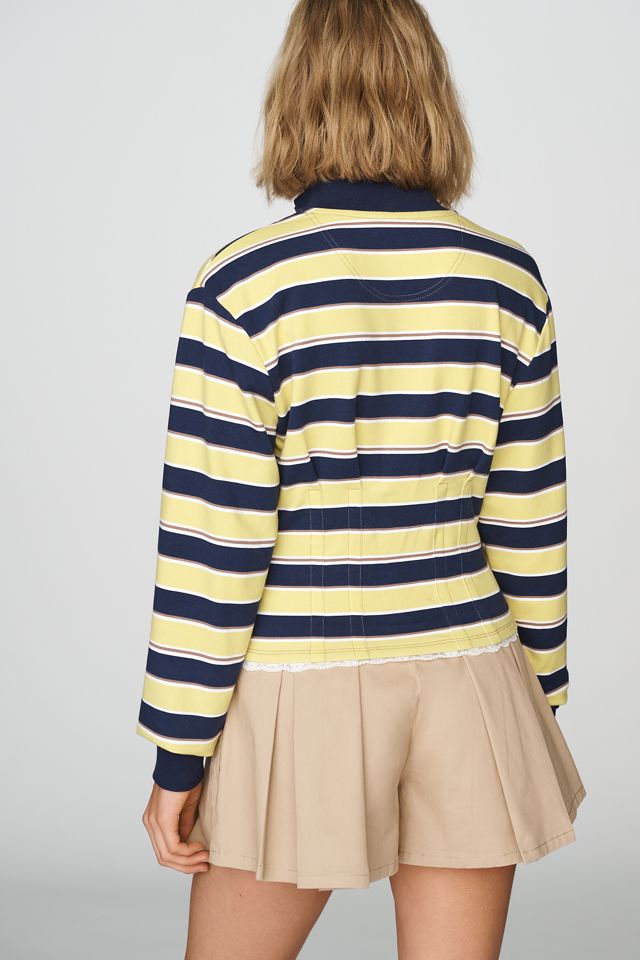 Maeve Lace-Trim Corset Long-Sleeve Polo Top #2