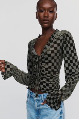 By Anthropologie Checkered Flocked Cardigan 