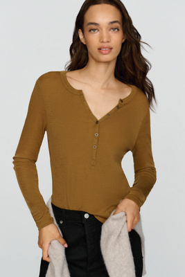 Pilcro Andie 100% Wool Tissue Weight Henley Top In Brown