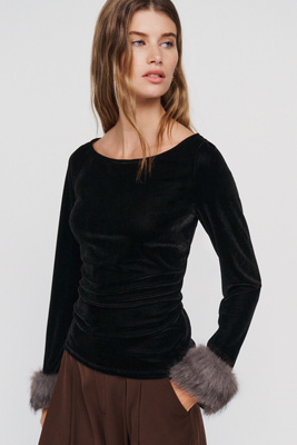 Maeve Velvet Faux Fur Cuff Crew Neck Top by Anthropologie