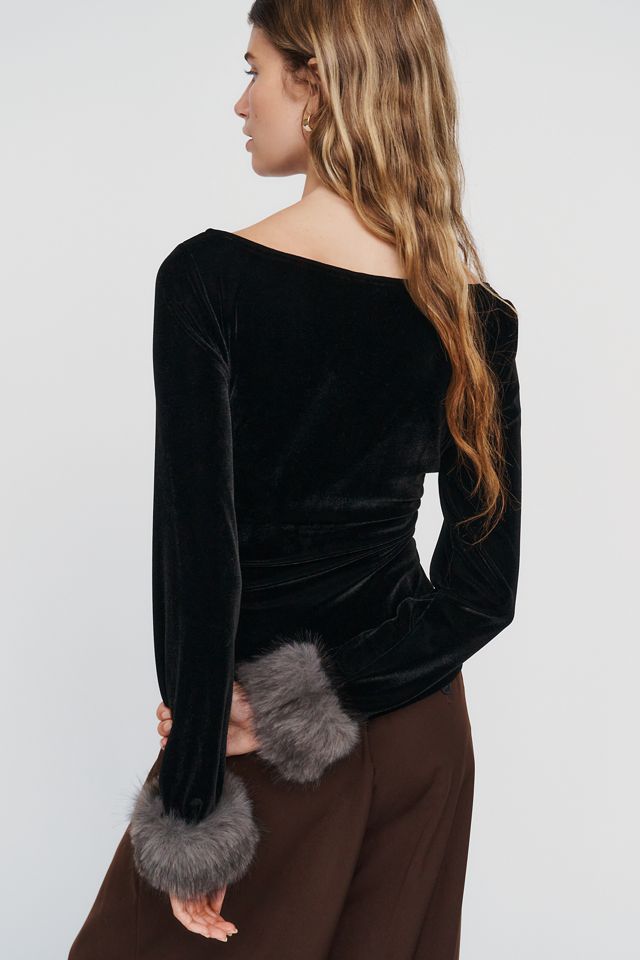 Maeve Velvet Faux Fur Cuff Crew Neck Top #3
