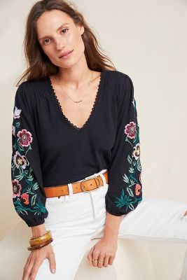 Anthropologie Pepin Women's Ivory Peasant Embroidered Floral Blouse Shirt Size S