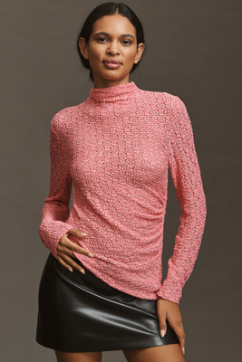 By Anthropologie Smocked Lace Long-sleeve Top In Pink
