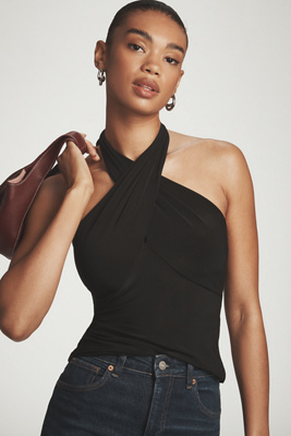 By Anthropologie Tie-neck Shirred Halter Top In Black
