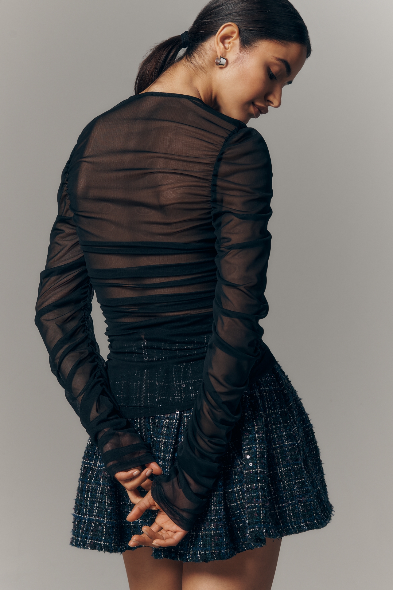 Maeve Ruched Long-Sleeve V-Neck Top