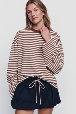 Lioness Cotton Blend Oversized Striped Crewneck Tee by Anthropologie