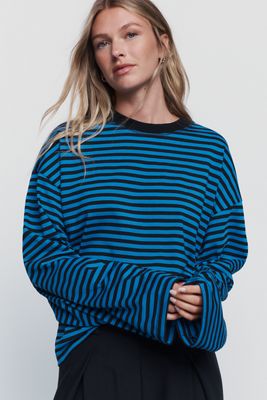 Lioness Cotton Blend Oversized Striped Crewneck Tee