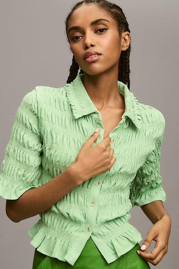Maeve Ruffle Button-front Top In Green