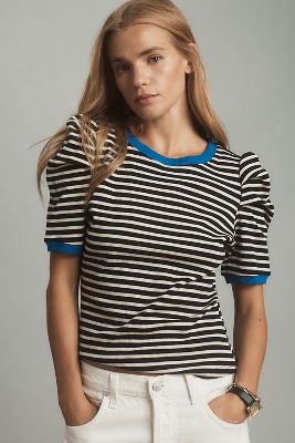 Shop Maeve Puff-sleeve Striped Top In Blue