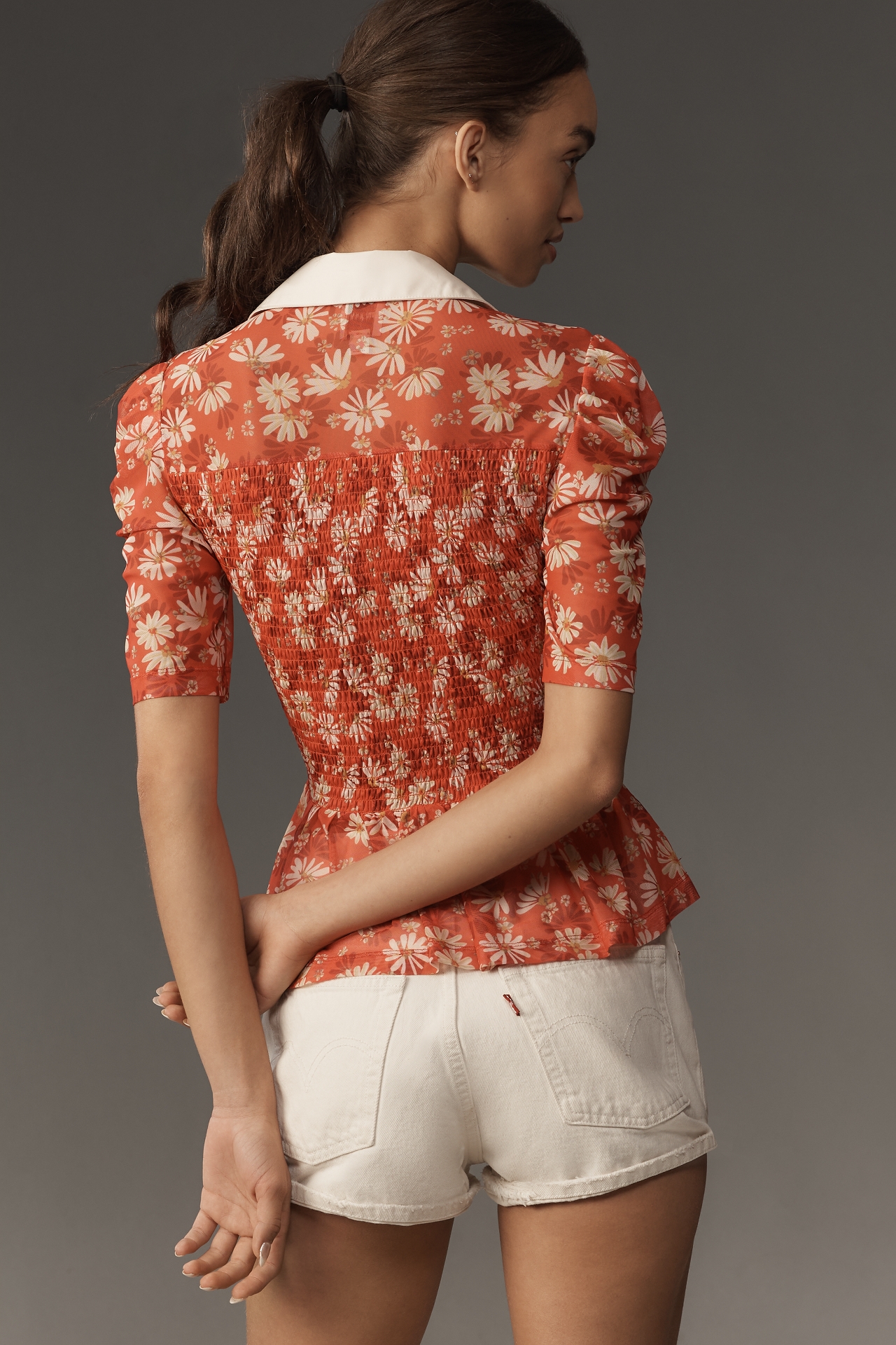 Maeve Short-Sleeve Smocked Polo Top