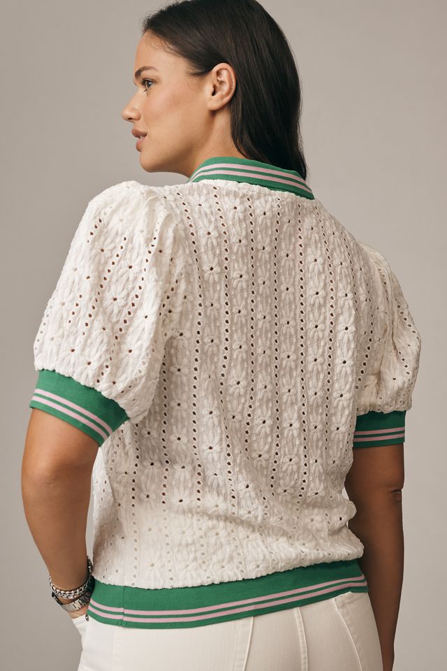 Maeve Puff-Sleeve Lace Polo Top #5