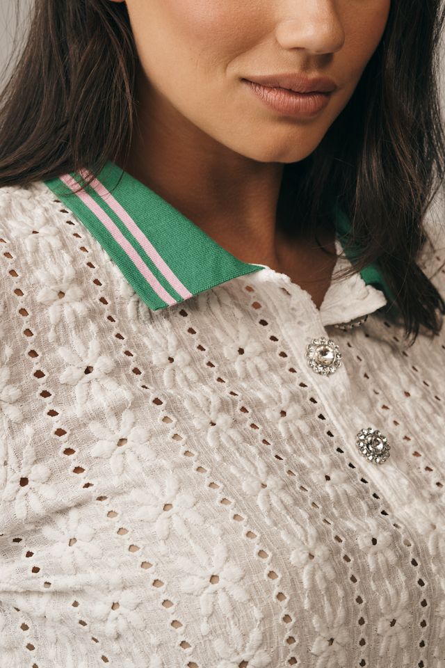 Maeve Puff-Sleeve Lace Polo Top #6