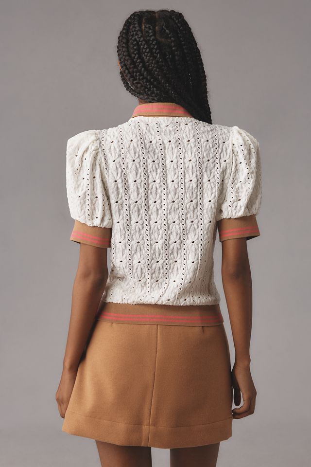 Maeve Puff-Sleeve Lace Polo Top #1