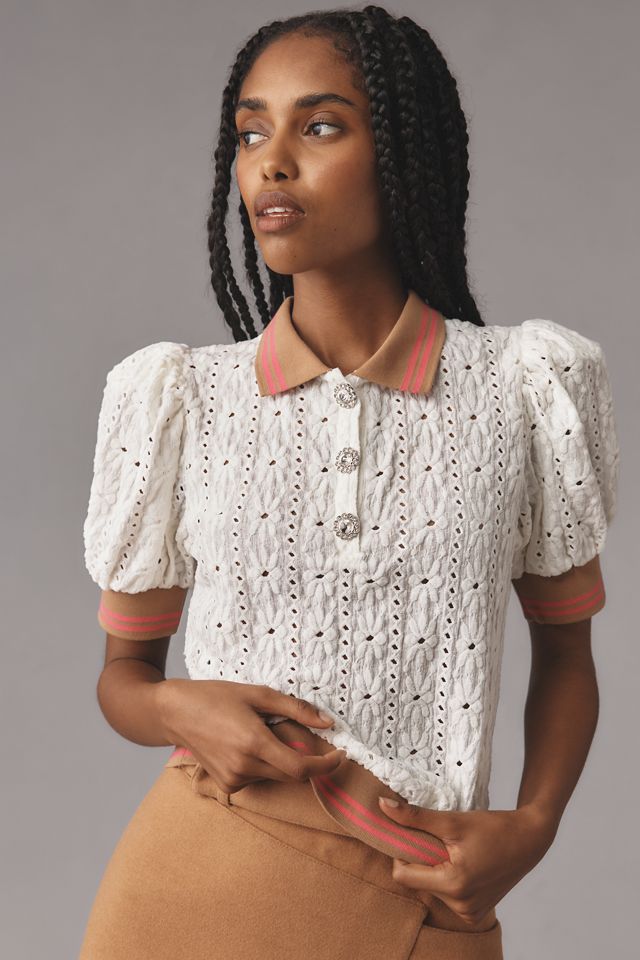 Maeve Puff-Sleeve Lace Polo Top #2